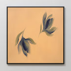 The "Dancing Leaves Canvas Art - Square" is a minimalistic canvas print with two abstract leaf shapes in green and blue on a beige background, framed in black—perfect for adding calm and simplicity to your space.