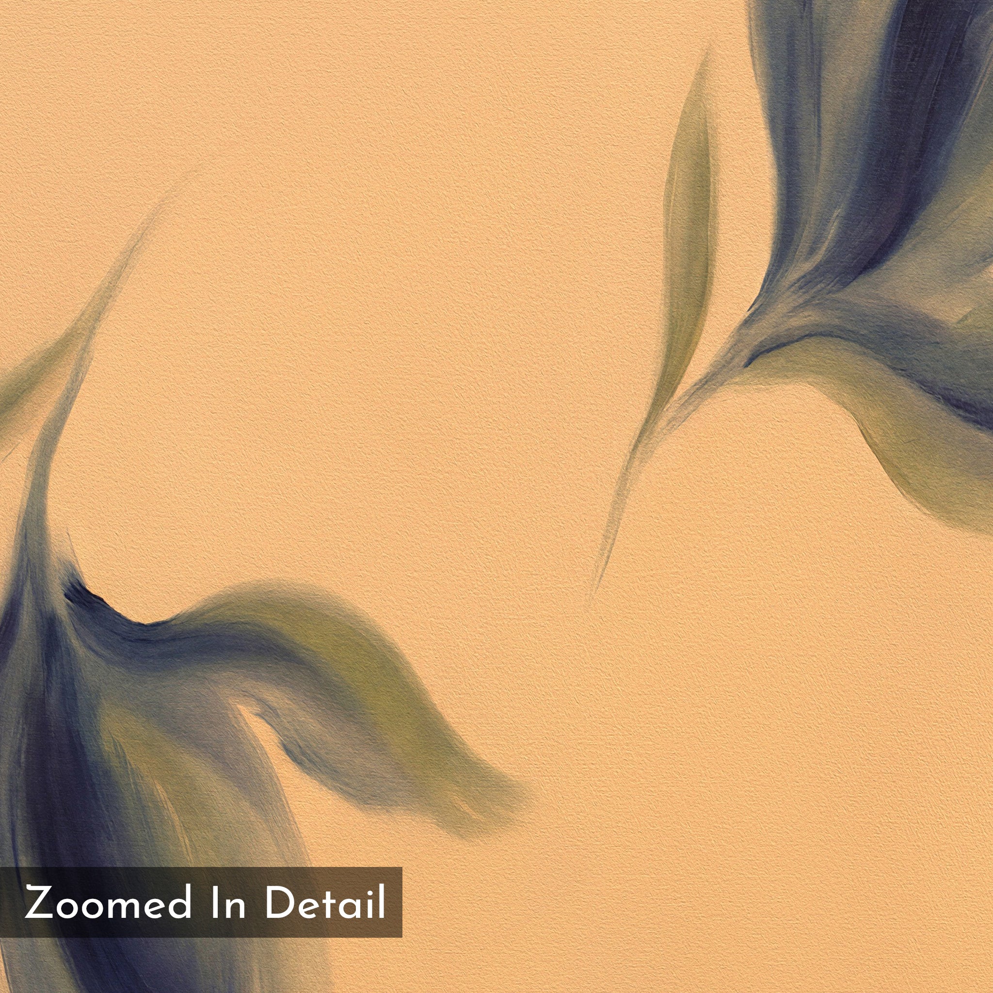 Dancing Leaves Canvas Art - Square features soft, flowing green and blue brushstrokes on a beige background with "Zoomed In Detail" in the corner. Perfect canvas print for bringing a serene, modern vibe to your space.