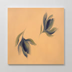 The Dancing Leaves Canvas Art - Square features two abstract greenish leaves with soft, blurred edges on a warm beige background, creating a calm and serene look—ideal as a canvas print for any Nordic Park-inspired space.