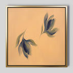 The Dancing Leaves Canvas Art - Square is a framed canvas print with a gold border, showcasing two softly blurred green and blue leaves on a warm beige background for an elegant, minimalist botanical accent.