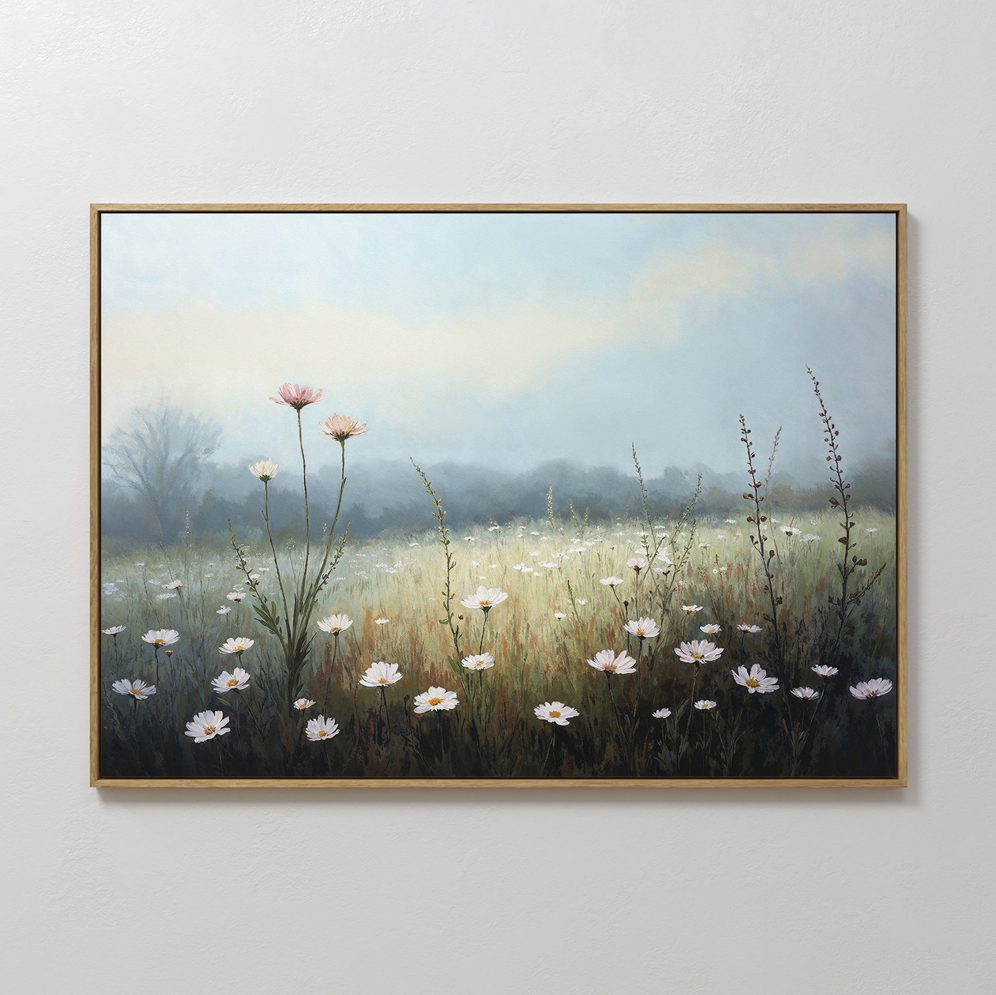 Dawn Meadow Canvas Art - Horizontal features a misty meadow with tall grass, white daisies, and pink blooms in soft blue-green tones with distant trees—perfect botanical wall art for a serene, nature-inspired space.