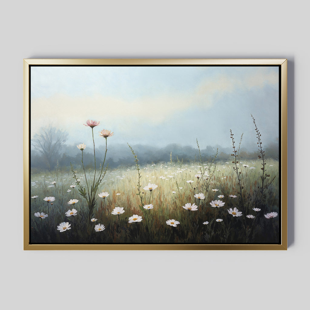 Dawn Meadow Canvas Art - Horizontal features a misty meadow with white wildflowers and tall grass under a hazy sky. The gold frame brings elegance to this serene botanical wall decor, perfect for adding peaceful charm to any space.