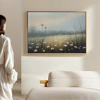 A person in a white robe admires the Dawn Meadow Canvas Art—a framed wildflower print hanging above a beige couch in a softly lit, minimalistic room.