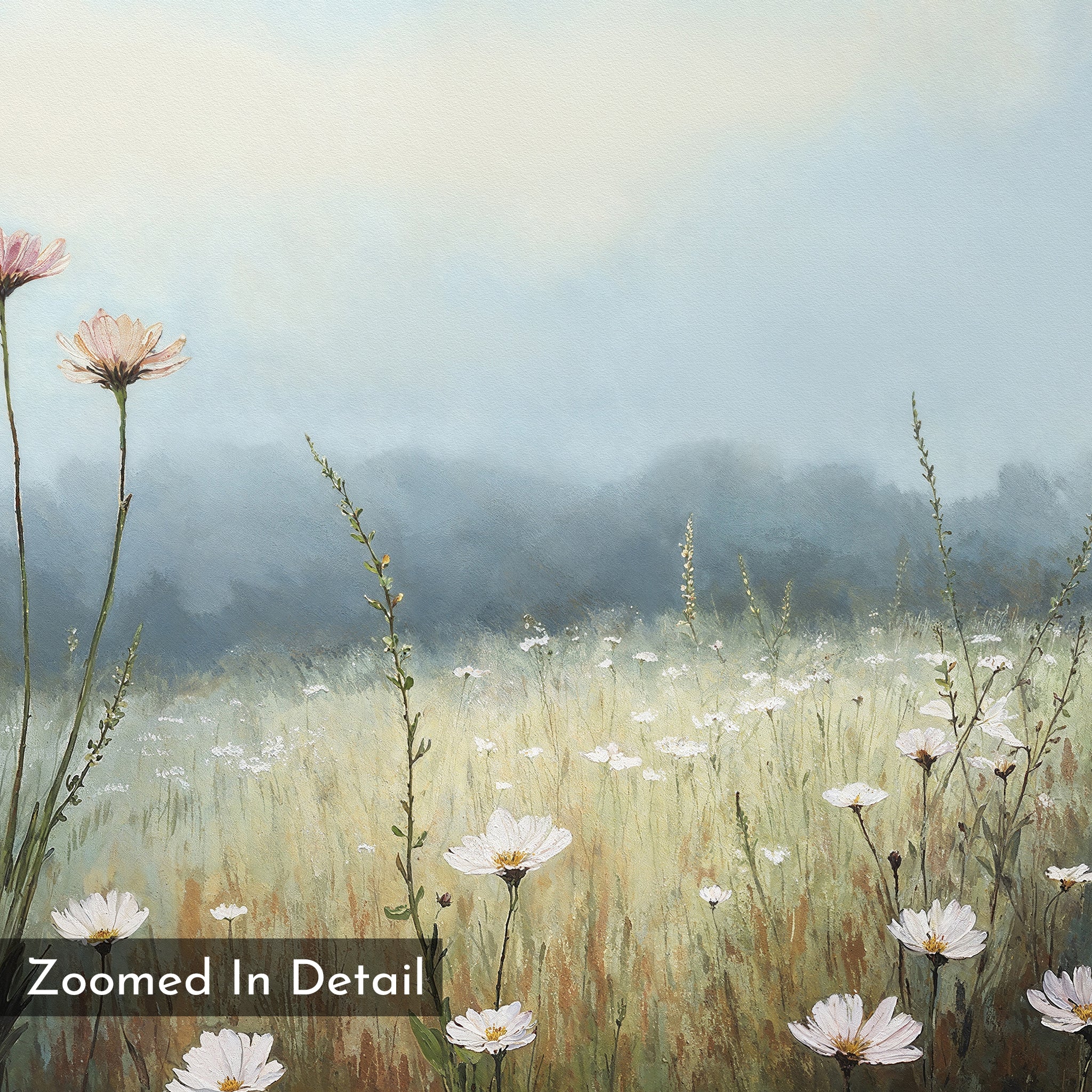 A soft, misty field with white and pink wildflowers, tall grasses, and a hazy blue sky—Dawn Meadow Canvas Art - Horizontal is perfect as botanical wall decor. The text "Zoomed In Detail" appears in the bottom left corner.