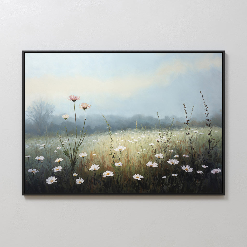 Dawn Meadow Canvas Art - Horizontal features white and pink wildflowers, tall grasses, and a misty backdrop with a soft blue sky—perfect botanical wall art for adding a serene touch to any light-colored space.