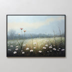Dawn Meadow Canvas Art - Horizontal features white and pink wildflowers, tall grasses, and a misty backdrop with a soft blue sky—perfect botanical wall art for adding a serene touch to any light-colored space.