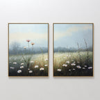The "Dawn Meadow - Set of 2" features framed botanical prints of a wildflower field with white and pink blooms, tall grasses, and a misty backdrop, displayed side by side on a white wall.