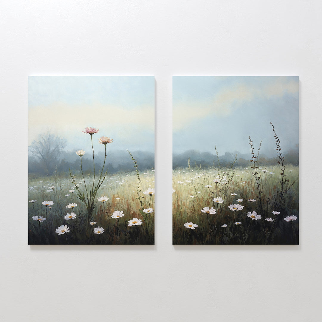 The Dawn Meadow - Set of 2 features serene canvas prints of wildflowers and daisies beneath a softly lit sky with hazy trees, perfect for adding a peaceful, Nordic Park-inspired botanical touch to your decor.