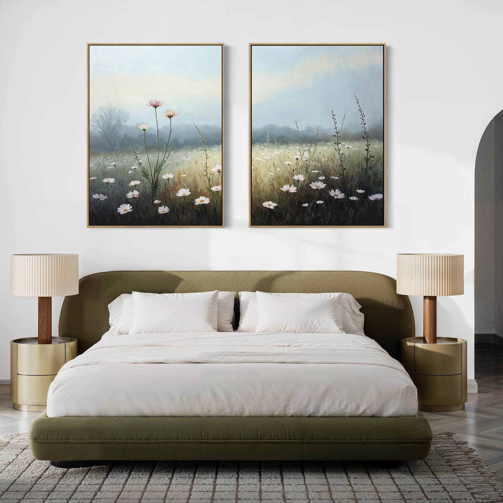 A modern bedroom with a green bed, white bedding, two beige nightstands with matching lamps, and the "Dawn Meadow - Set of 2" wildflower field art hanging above the bed.