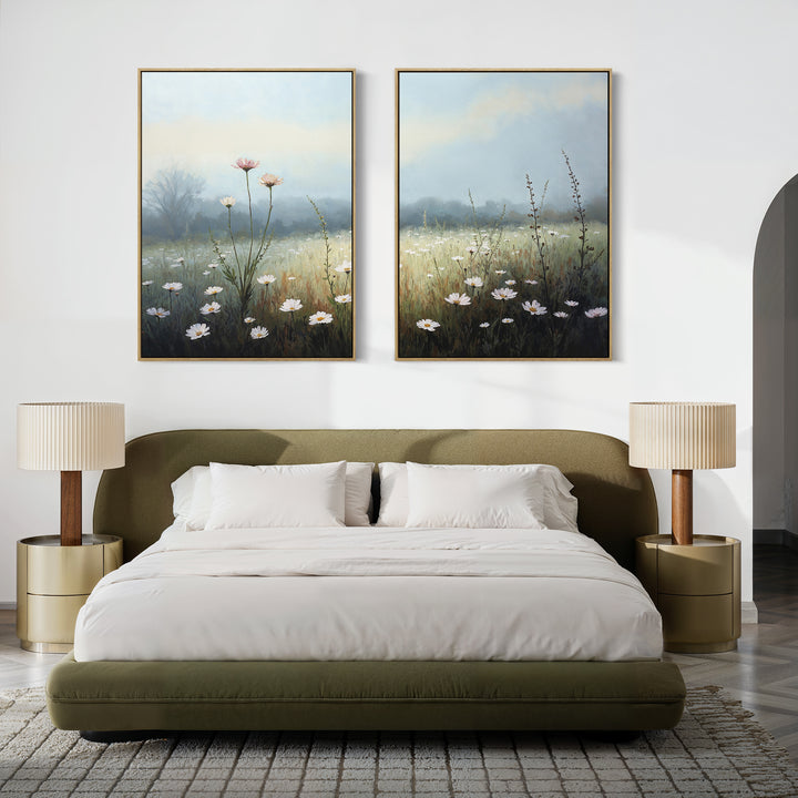 A modern bedroom with a green bed, white bedding, two beige nightstands with matching lamps, and the "Dawn Meadow - Set of 2" wildflower field art hanging above the bed.