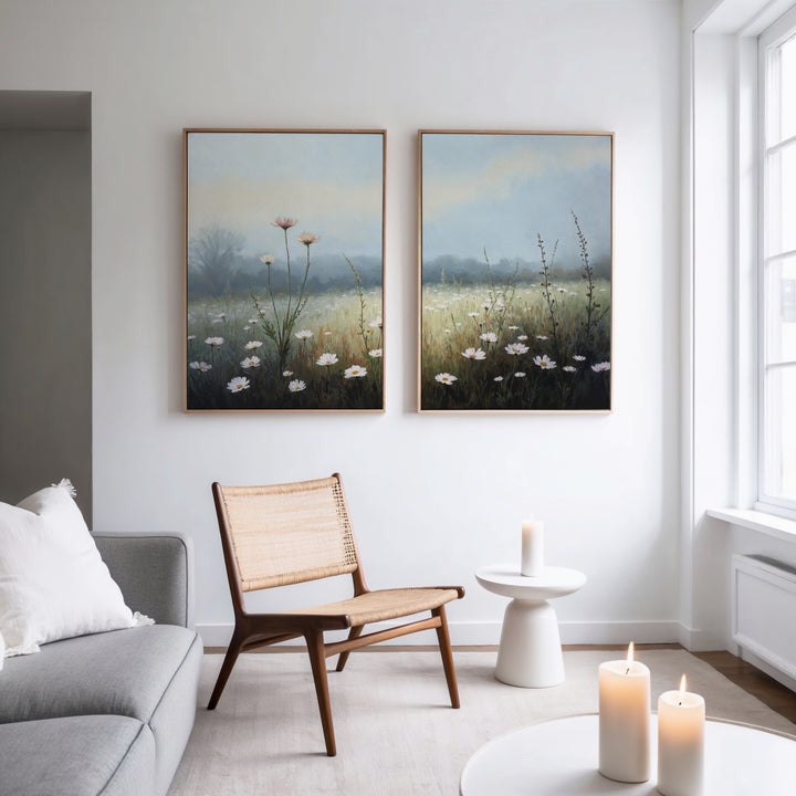 A modern, minimal living room features a grey sofa, wooden chair, small white table, and large windows. Above, the Dawn Meadow - Set of 2 botanical canvas prints add color, while lit candles sit on the table and windowsill.