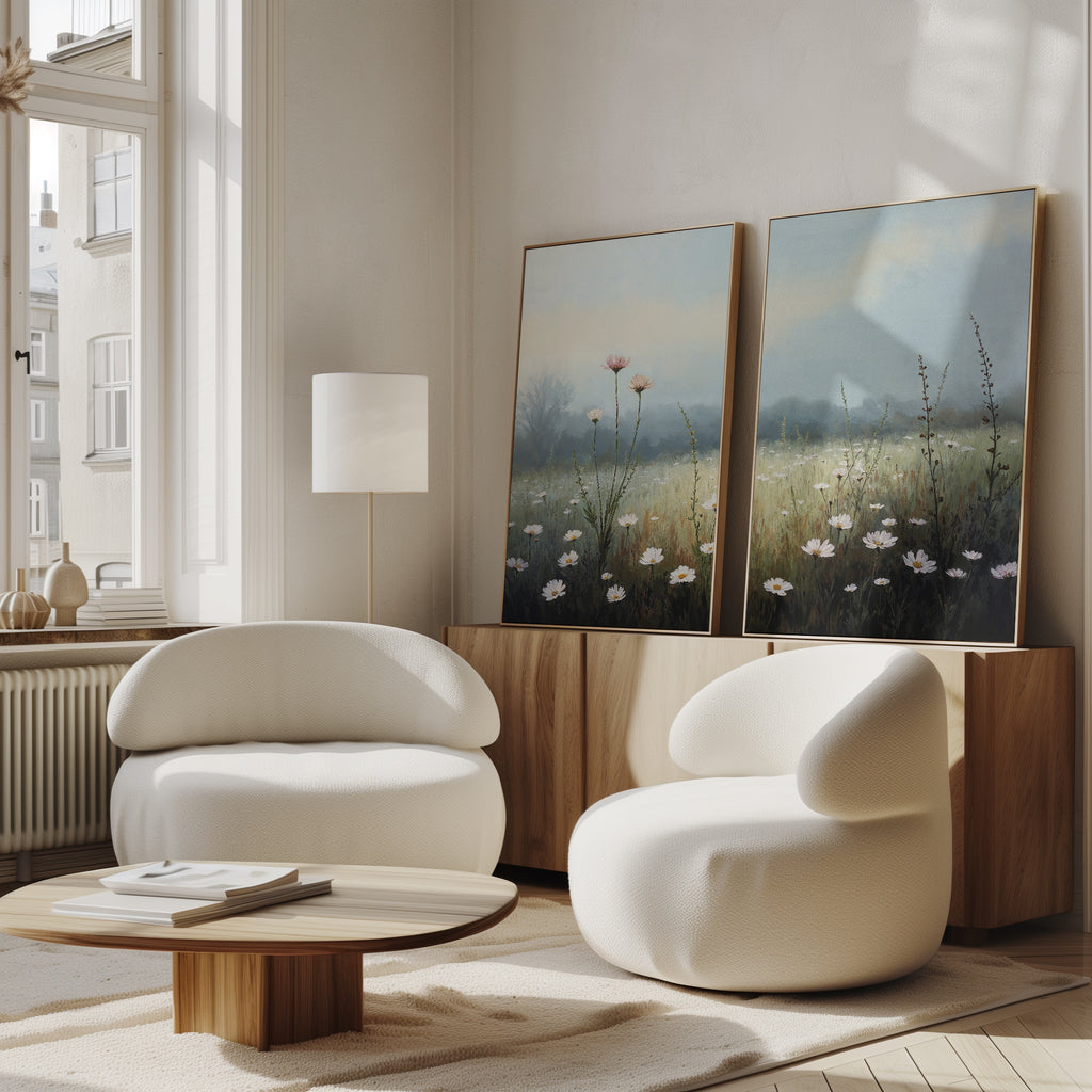 A modern living room with two curved white armchairs, a round wooden coffee table, a floor lamp, and the Dawn Meadow - Set of 2 wildflower field art on a wooden cabinet. Sunlight streams through tall windows, enhancing the serene decor.