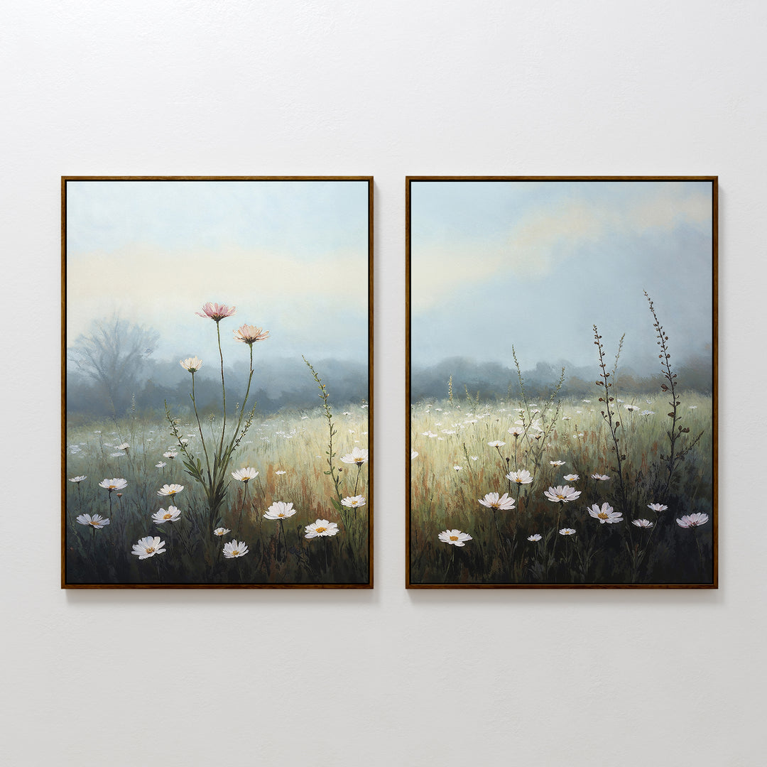The "Dawn Meadow - Set of 2" features framed prints showing a serene wildflower field beneath a misty sky, with tall grasses and distant trees. The calm, muted palette evokes the tranquil beauty of Nordic-inspired botanical art.