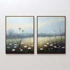 The "Dawn Meadow - Set of 2" features framed prints showing a serene wildflower field beneath a misty sky, with tall grasses and distant trees. The calm, muted palette evokes the tranquil beauty of Nordic-inspired botanical art.