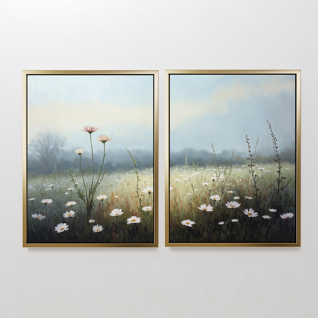 Dawn Meadow - Set of 2 features framed botanical canvas prints depicting a misty wildflower meadow with tall grass. Inspired by Nordic Park serenity, the two panels combine to create a peaceful field art scene.