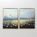 Dawn Meadow - Set of 2 features framed botanical canvas prints depicting a misty wildflower meadow with tall grass. Inspired by Nordic Park serenity, the two panels combine to create a peaceful field art scene.