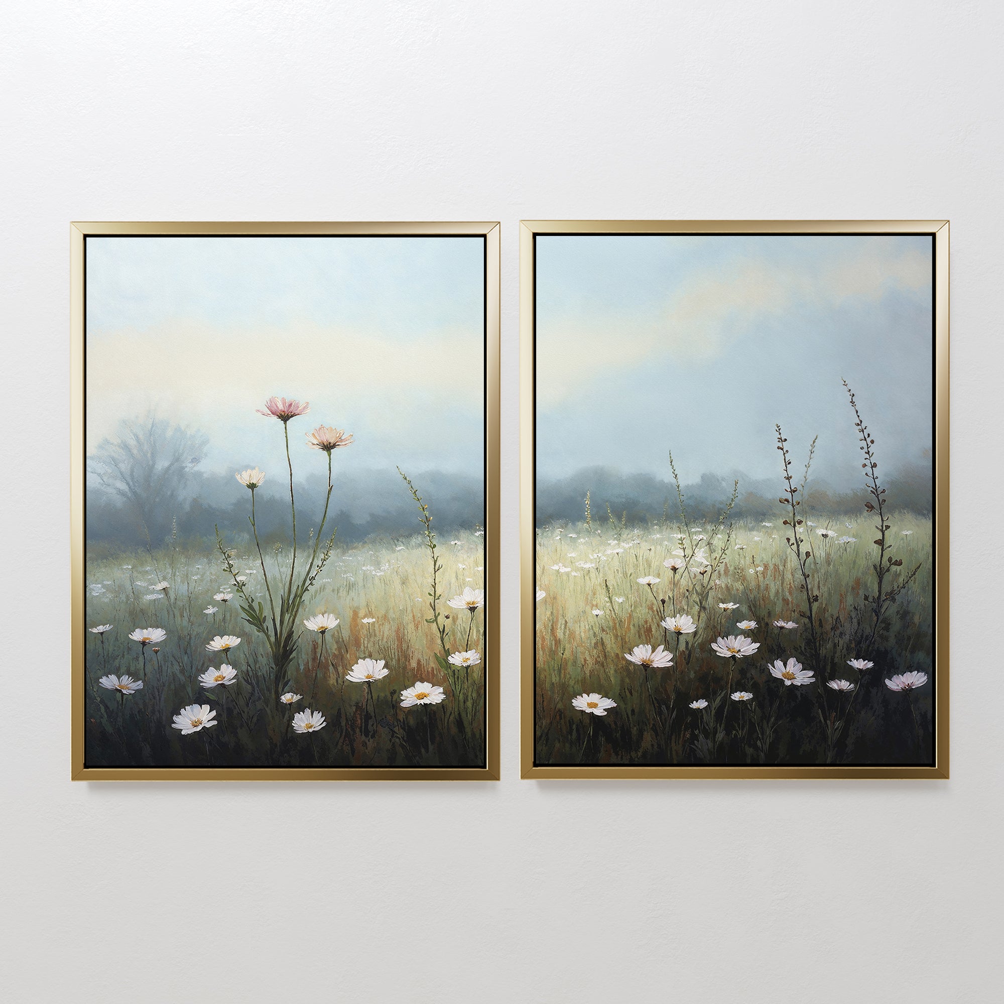 Dawn Meadow - Set of 2 features framed botanical canvas prints depicting a misty wildflower meadow with tall grass. Inspired by Nordic Park serenity, the two panels combine to create a peaceful field art scene.