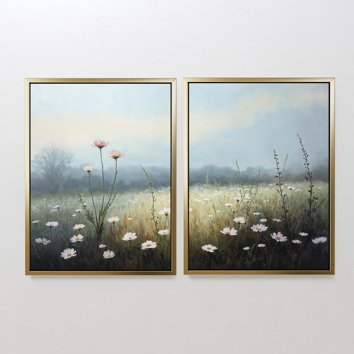 Dawn Meadow - Set of 2 features framed botanical canvas prints depicting a misty wildflower meadow with tall grass. Inspired by Nordic Park serenity, the two panels combine to create a peaceful field art scene.