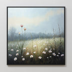The Dawn Meadow Canvas Art - Square features a framed botanical print of a misty meadow with tall wildflowers and daisies, soft green grass, and blurry trees—ideal for adding serene bedroom decor under a pale blue sky.