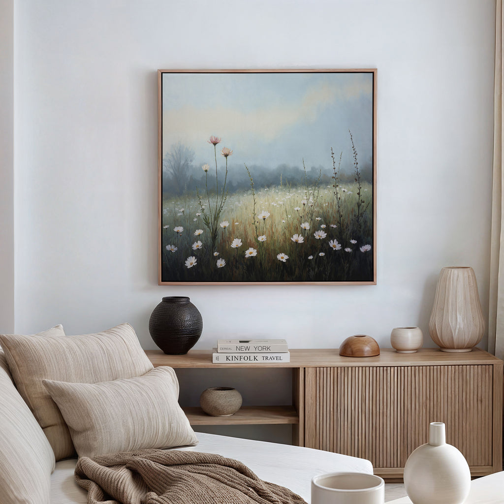 A cozy, neutral-toned living room features a light sofa, beige cushions, wooden sideboard, decorative vases, and the Dawn Meadow Canvas Art - Square above the sideboard, adding tranquil charm with its misty wildflower meadow scene.