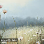 Dawn Meadow Canvas Art - Square: Features soft, pastel wildflowers with pink and white blooms and misty blue trees in the background. Ideal for serene bedroom decor. Includes “Zoomed In Detail” text in the lower left corner.