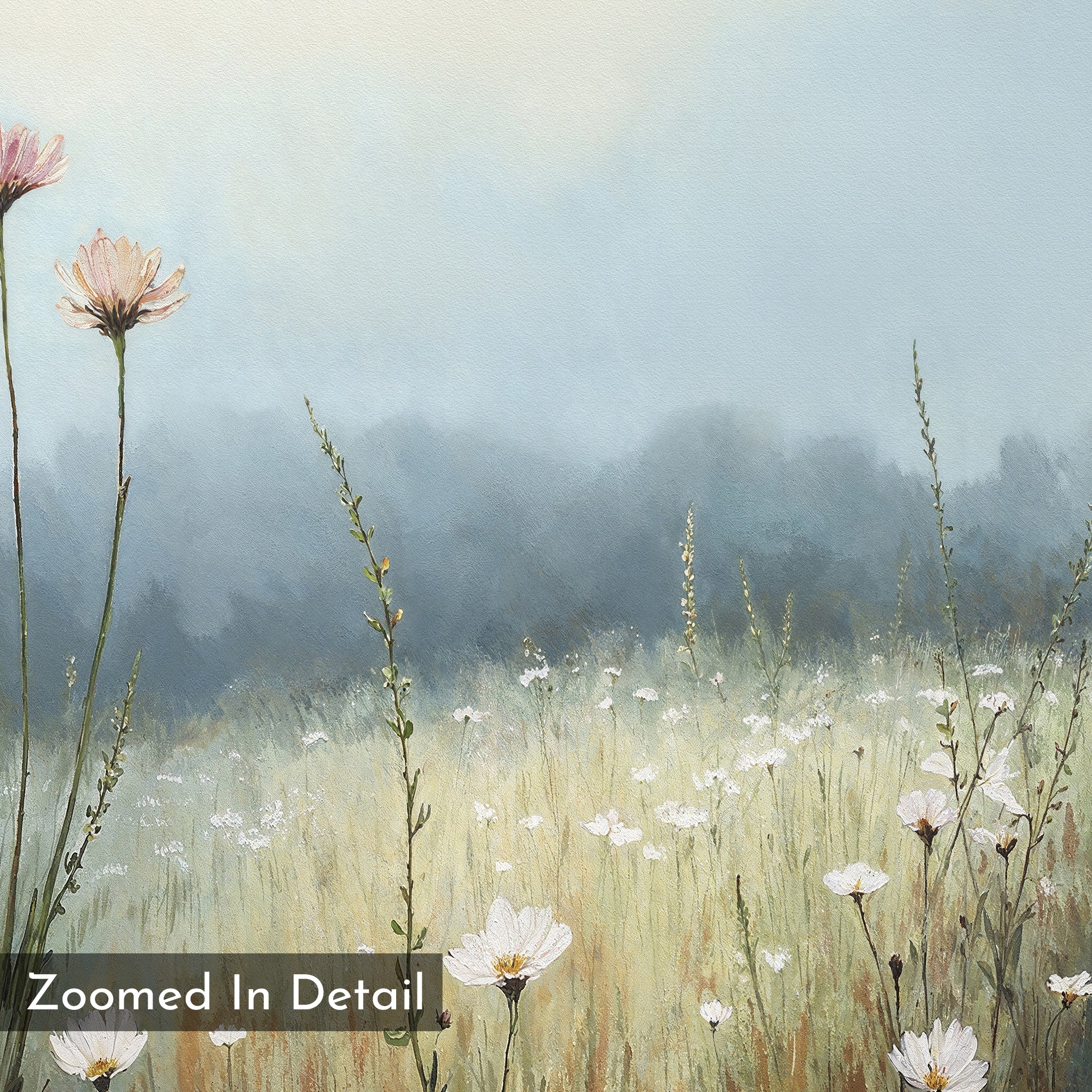 Dawn Meadow Canvas Art - Square: Features soft, pastel wildflowers with pink and white blooms and misty blue trees in the background. Ideal for serene bedroom decor. Includes “Zoomed In Detail” text in the lower left corner.