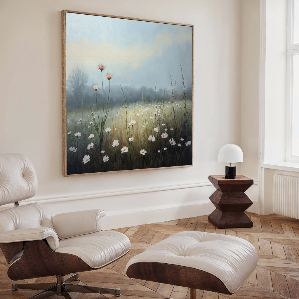 A modern, minimalist living room features a white leather lounge chair, matching ottoman, dark wood side table, round white lamp, and the Dawn Meadow Canvas Art - Square, adding a natural touch to the serene space.