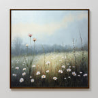 The Dawn Meadow Canvas Art - Square showcases white and pink wildflowers, tall grasses, and a misty sky, creating a serene landscape—ideal for peaceful bedroom decor.