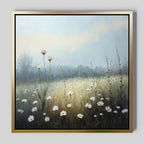 Dawn Meadow Canvas Art - Square showcases a misty field with blooming white and pink wildflowers, tall grass, and soft clouds—ideal for adding serene charm to your bedroom decor.