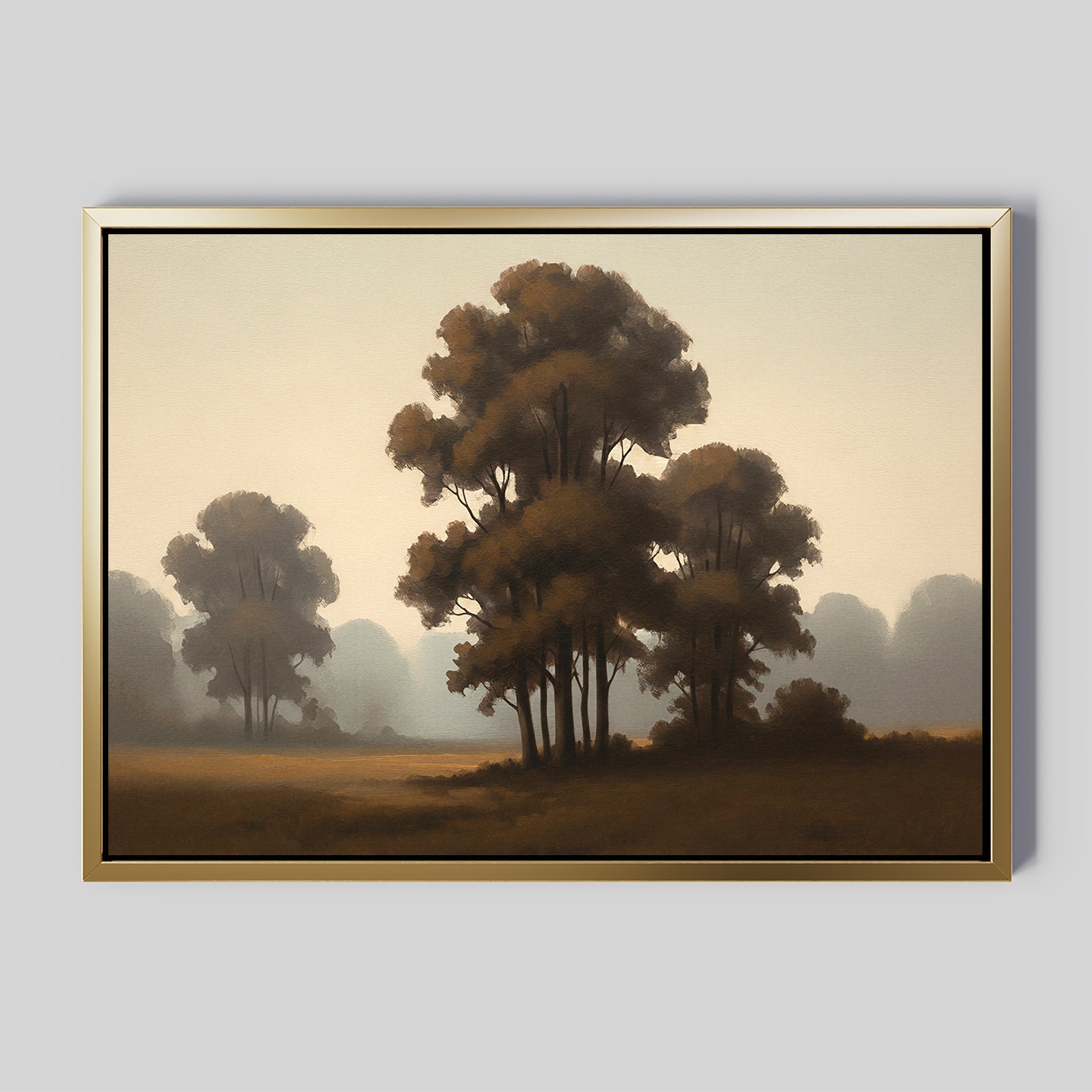 The Dawn Silhouettes Canvas Art - Horizontal showcases tall, brownish trees on a grassy field beneath a foggy sky, evoking Nordic park vibes. Set in a gold frame, it adds tranquility to any plain gray wall.