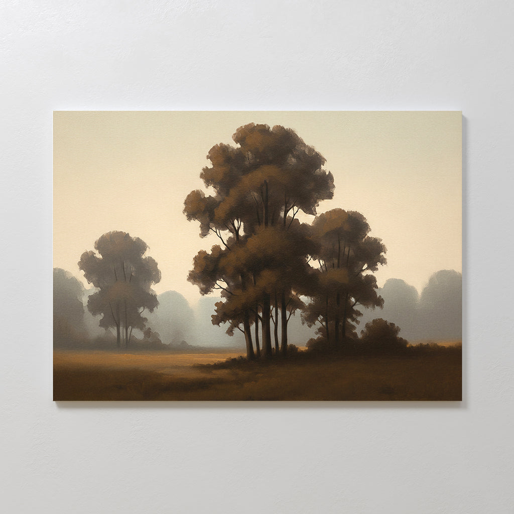 The Dawn Silhouettes Canvas Art - Horizontal features tall trees with brown leaves in a misty Nordic park, fading into the fog. Its soft, muted colors and serene landscape create a calm, peaceful atmosphere for your space.