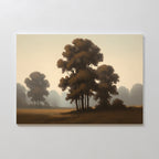 The Dawn Silhouettes Canvas Art - Horizontal features tall trees with brown leaves in a misty Nordic park, fading into the fog. Its soft, muted colors and serene landscape create a calm, peaceful atmosphere for your space.