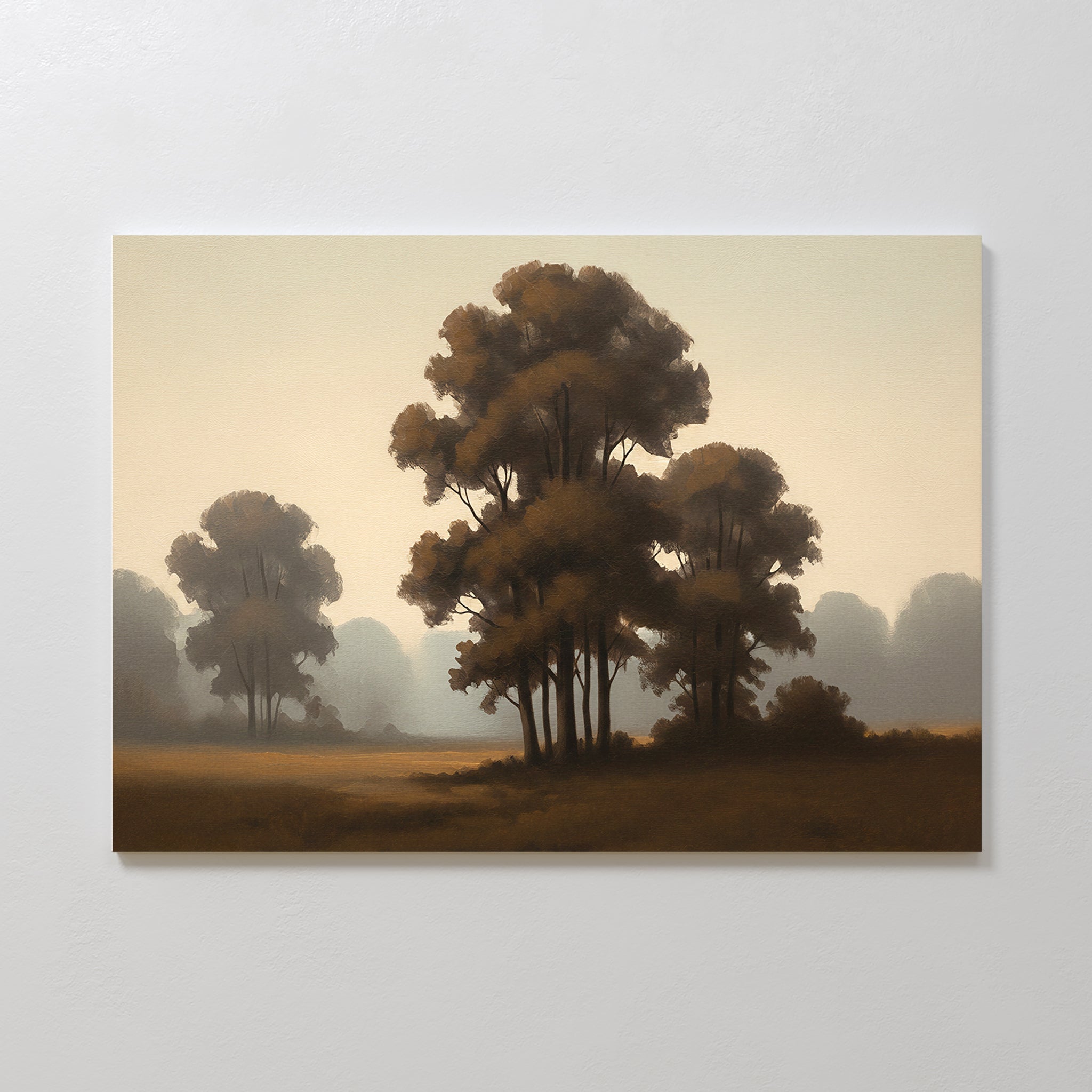 The Dawn Silhouettes Canvas Art - Horizontal features tall trees with brown leaves in a misty Nordic park, fading into the fog. Its soft, muted colors and serene landscape create a calm, peaceful atmosphere for your space.
