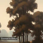 Experience the serene beauty of tall, brown-leaved trees against a hazy backdrop in a soft, painted style. "Zoomed In Detail" appears at the bottom left. Ideal as Dawn Silhouettes Canvas Art - Horizontal for tranquil home decor.