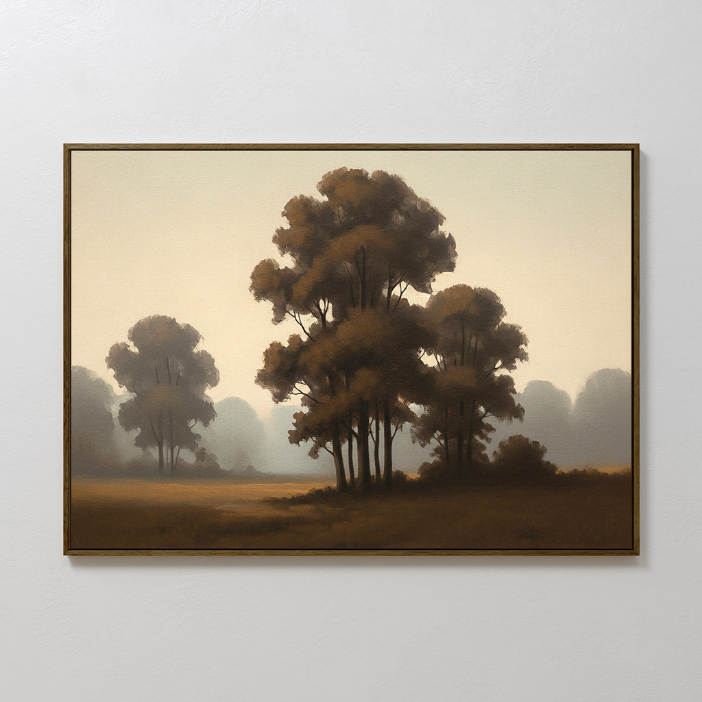 The Dawn Silhouettes Canvas Art - Horizontal features tall, leafy trees on a misty field in gentle, muted earth tones, inspired by Nordic Park’s serene landscapes and displayed against a light-colored wall.