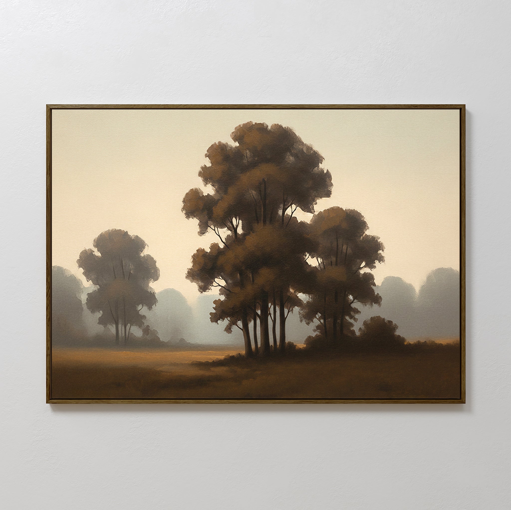 The Dawn Silhouettes Canvas Art - Horizontal features tall, leafy trees on a misty field in gentle, muted earth tones, inspired by Nordic Park’s serene landscapes and displayed against a light-colored wall.