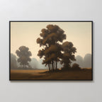The Dawn Silhouettes Canvas Art - Horizontal features tall trees in a misty Nordic park, rendered in soft browns and grays, bringing serene landscape beauty to any light-colored wall.