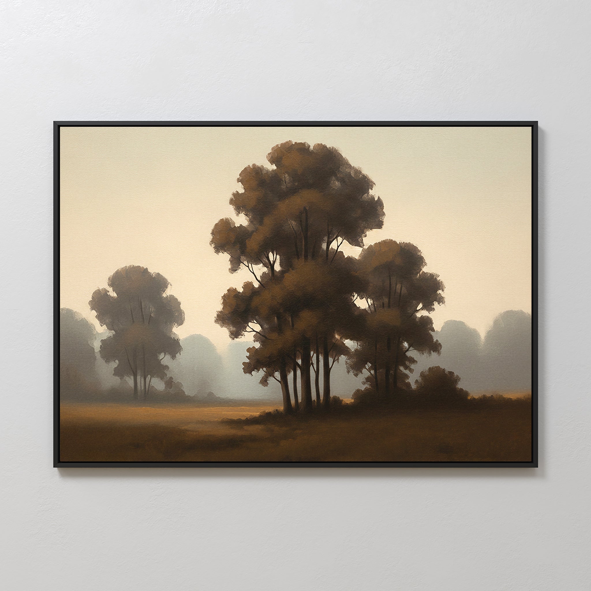 The Dawn Silhouettes Canvas Art - Horizontal features tall trees in a misty Nordic park, rendered in soft browns and grays, bringing serene landscape beauty to any light-colored wall.