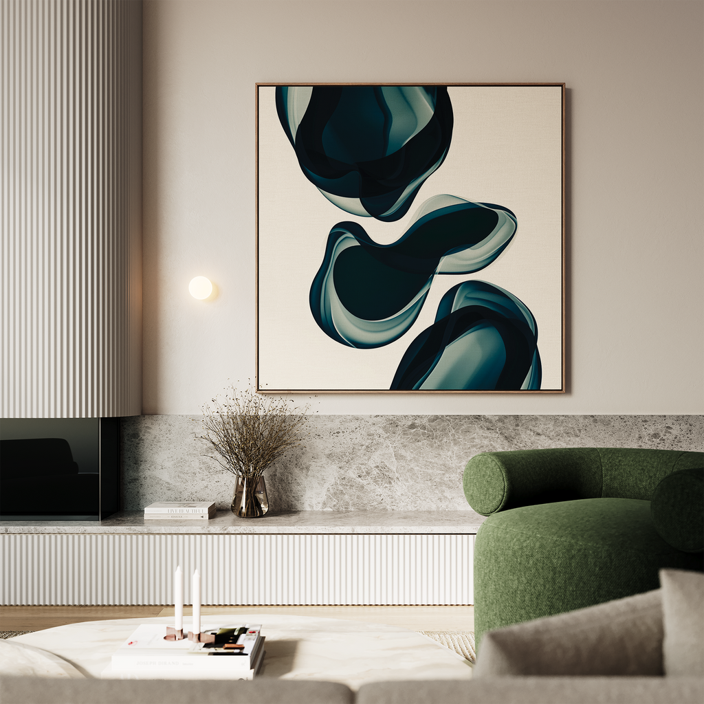 A modern living room features a green curved sofa, marble coffee table, and My Stores Deep Sea Hues Abstract Canvas Art above a low console. A small lamp and vase with dried flowers add style to the space.