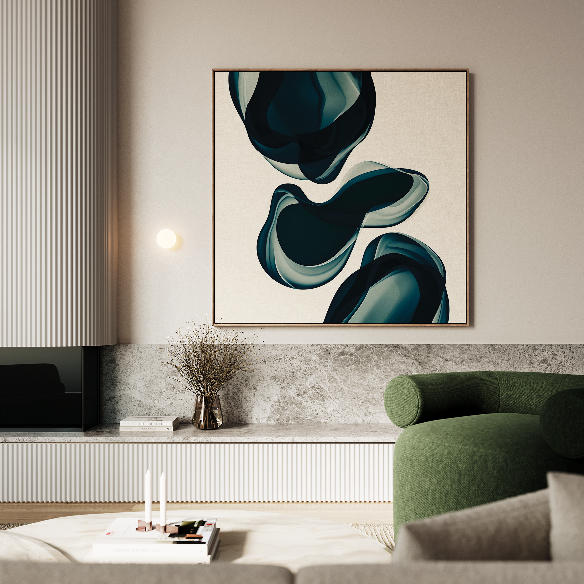 A modern living room features a green curved sofa, marble coffee table, and My Stores Deep Sea Hues Abstract Canvas Art above a low console. A small lamp and vase with dried flowers add style to the space.