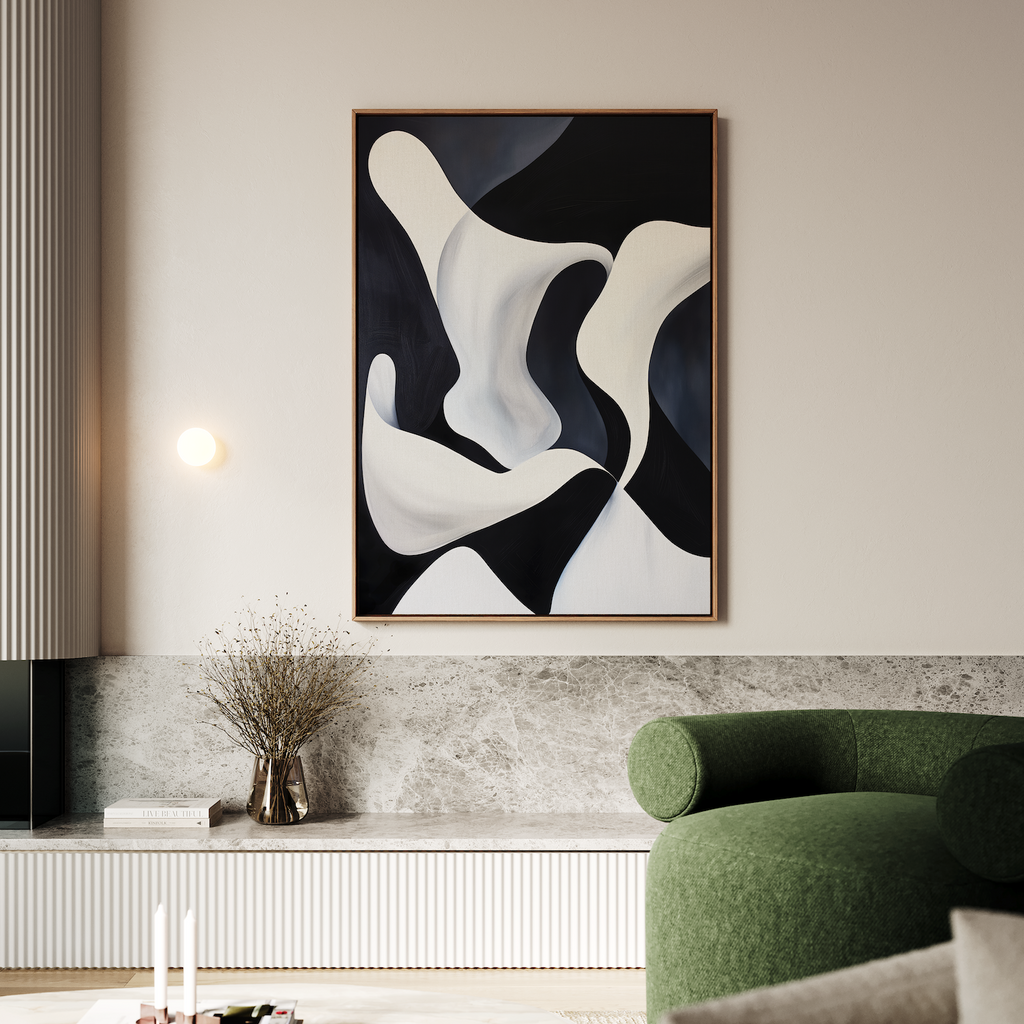 A modern living room features Deep Blue Calm Abstract Canvas Art—a minimalist piece—paired with a round green armchair, dried flowers on a marble shelf, and soft neutral decor for a serene, contemporary look.