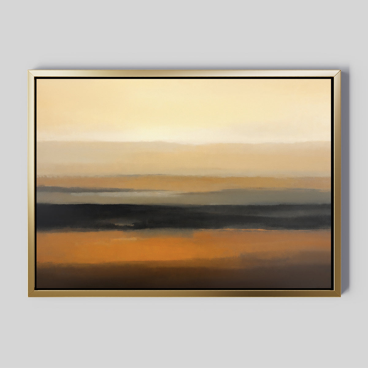 Desert Mirage Canvas Art - Horizontal features abstract horizontal layers in beige, gold, brown, and black, inspired by desert landscapes for a soft gradient effect against a light gray wall.