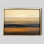 Desert Mirage Canvas Art - Horizontal features abstract horizontal layers in beige, gold, brown, and black, inspired by desert landscapes for a soft gradient effect against a light gray wall.