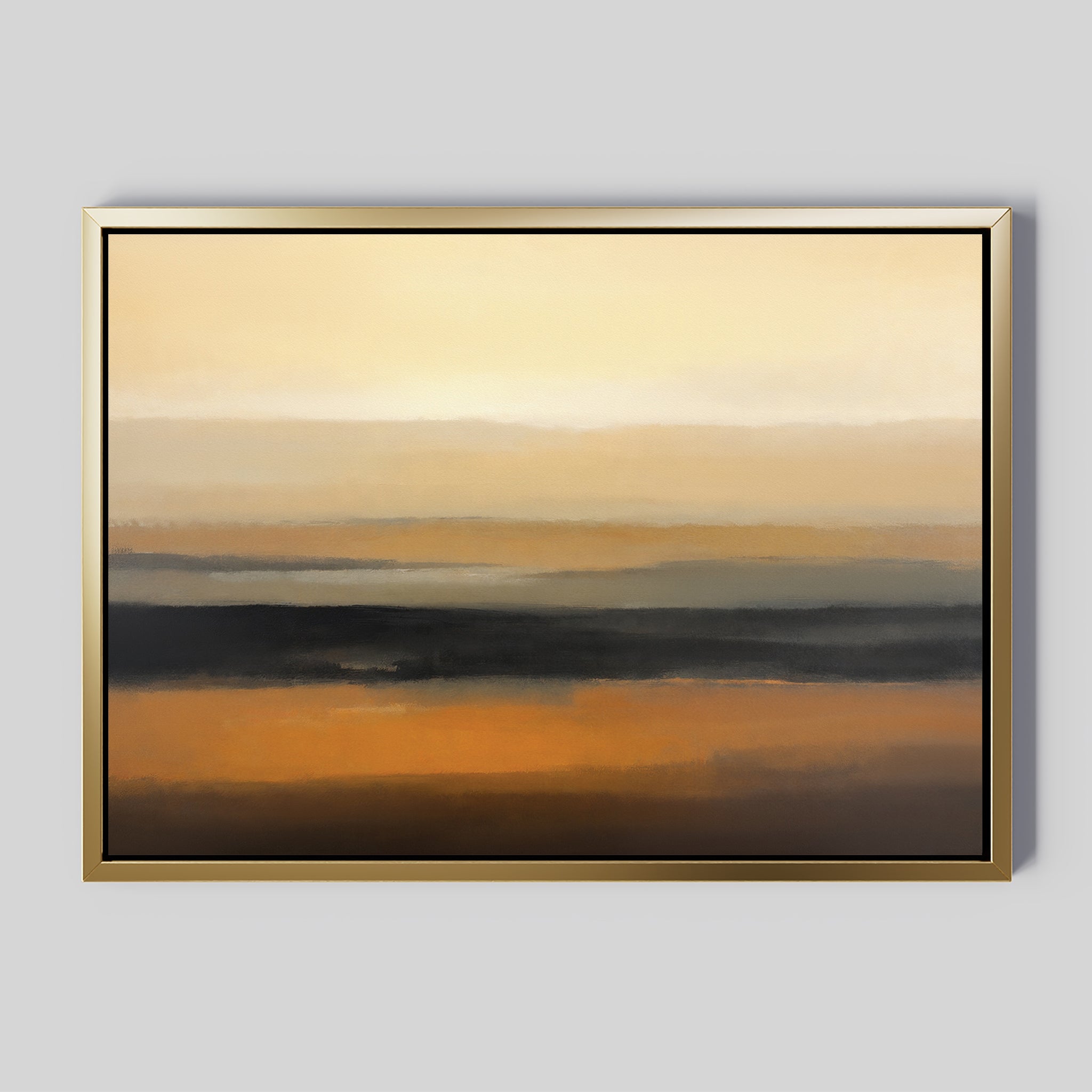 Desert Mirage Canvas Art - Horizontal features abstract horizontal layers in beige, gold, brown, and black, inspired by desert landscapes for a soft gradient effect against a light gray wall.