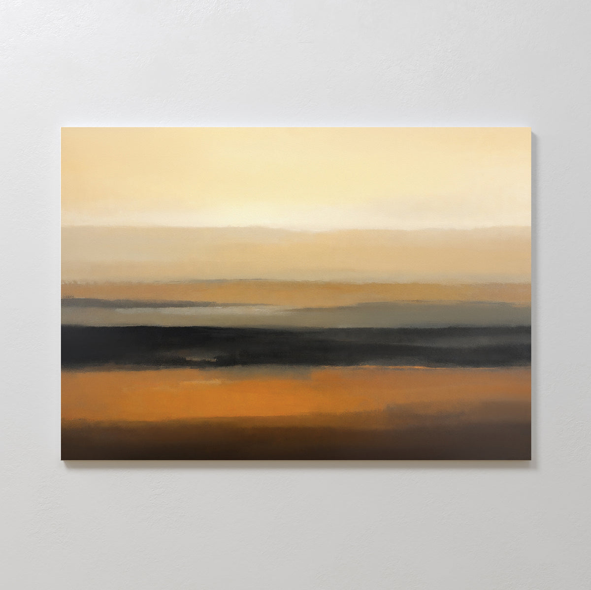 Desert Mirage Canvas Art - Horizontal features abstract horizontal bands of soft yellow, orange, brown, and black earth tones, evoking a calming sunrise or sunset over desert landscapes beneath a hazy horizon.