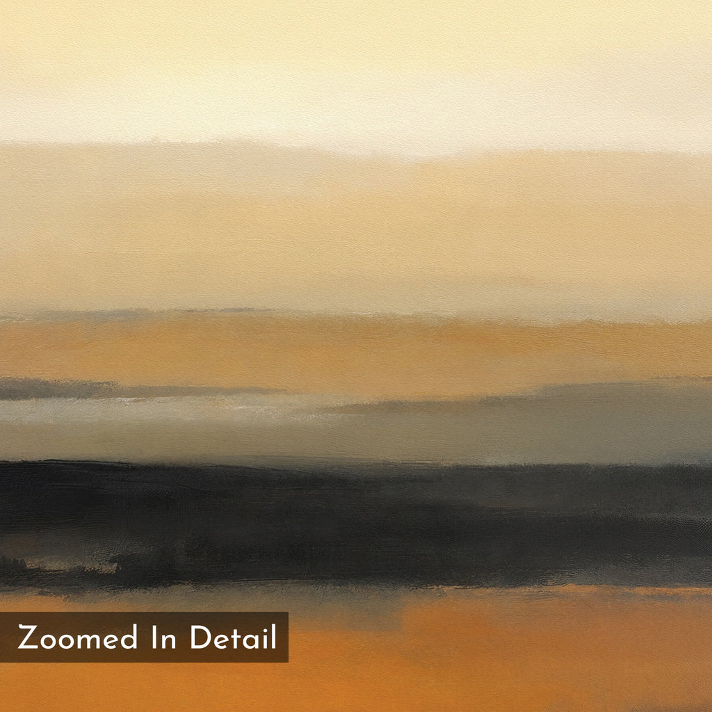 The Desert Mirage Canvas Art - Horizontal features softly blended horizontal bands of beige, tan, orange, and black earth tones, capturing the calm atmosphere of desert landscapes. "Zoomed In Detail" appears in the corner.