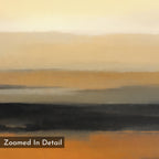 The Desert Mirage Canvas Art - Horizontal features softly blended horizontal bands of beige, tan, orange, and black earth tones, capturing the calm atmosphere of desert landscapes. "Zoomed In Detail" appears in the corner.