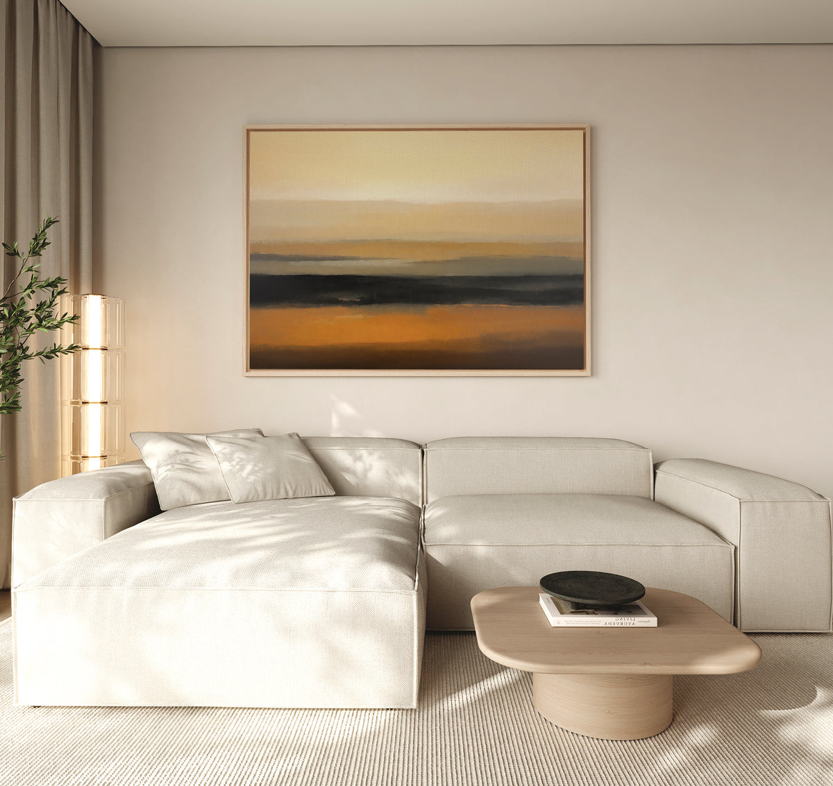 Minimalist living room featuring a light beige sectional, low wooden coffee table, black bowl, potted plant, and the Desert Mirage Canvas Art - Horizontal with warm earth-tone desert landscapes on the wall.