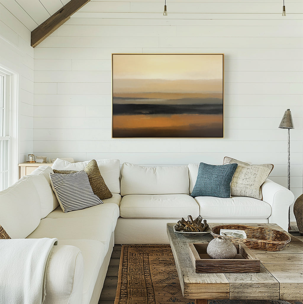 Bright, cozy living room with a white sectional sofa, assorted pillows, rustic wooden coffee table, woven baskets, and the Desert Mirage Canvas Art - Horizontal in earth tones hanging on a white shiplap wall.