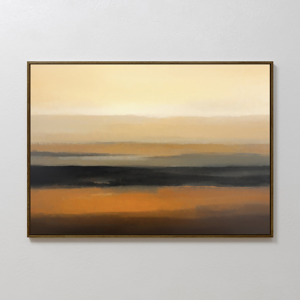 Desert Mirage Canvas Art - Horizontal features horizontal bands of beige, tan, burnt orange, and dark brown, evoking serene desert landscapes. Elegantly framed, this abstract print is perfect for display on a white wall.